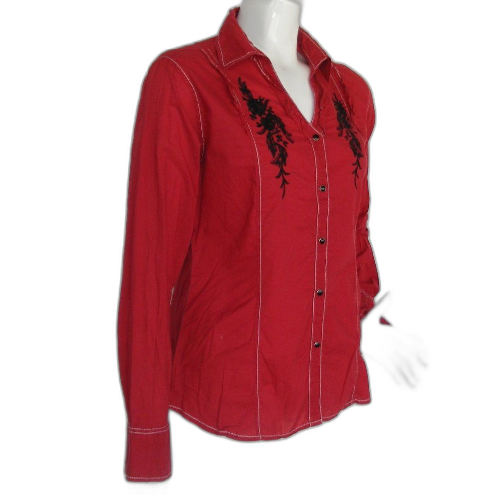 PANHANDLE SLIM Embroidered Blouse, M, Red, Snap front, Long sleeves - Picture 2 of 8